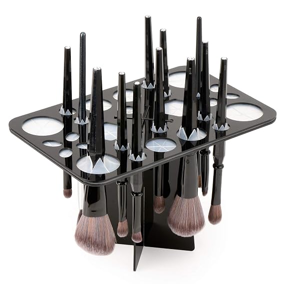 Luckyiren Acrylic Drying Rack for Brushes, Collapsible Stand with 28 Slots for Nail, Paint, and Makeup Brushes Black, Unisex, Ideal for Artists and Enthusiasts