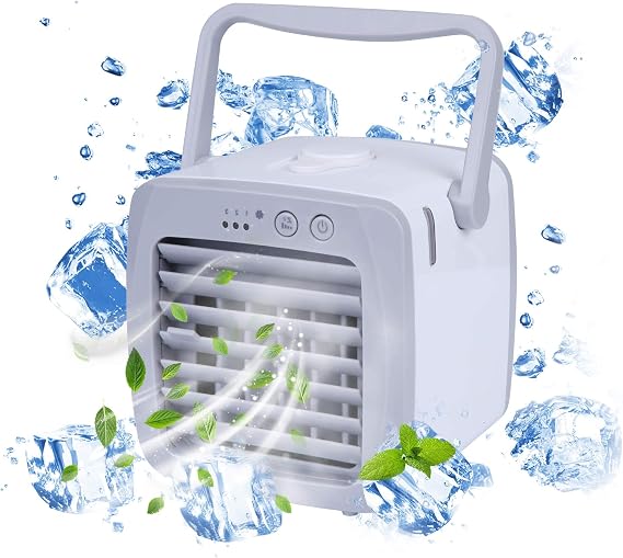 Portable USB Personal Mini Air Conditioner Fan, 3 Speeds, Quiet, Adjustable Vane, Ice Water Tank, Evaporative Humidifier, Purifier, Cooling for Office, Home, Bedroom, White