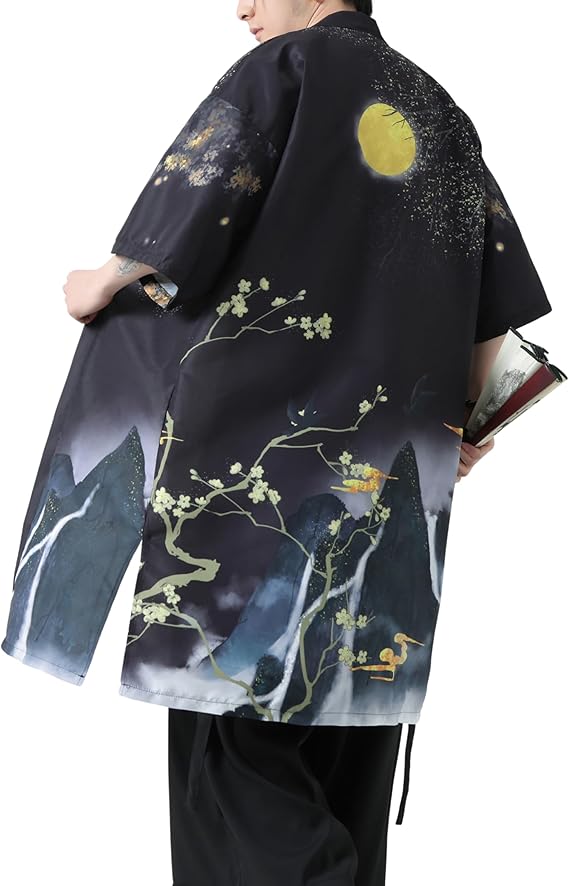 PRIJOUHE Men's Kimono Robe 3/4 Sleeve Silky Japanese Cardigan Yukata Jacket