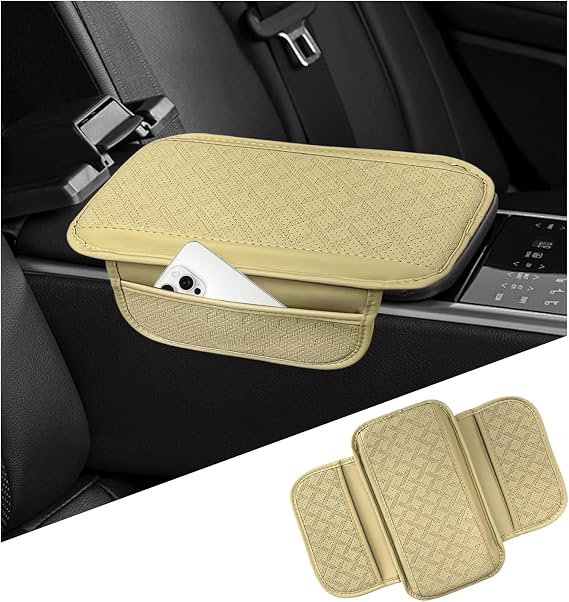 Car Center Console Cover, 12.2"x7.1" Auto Arm Rest Pillow Foam Pad with 2 Storage Bags, Waterproof Microfiber Leather Armrest Box Protector Organizer for Most Car Truck SUV (Beige)