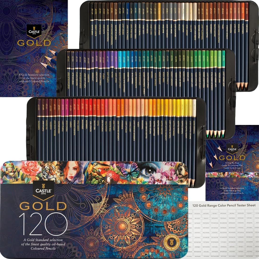 Castle Art Supplies 120 Colouring Pencils Set (Gold Standard) High-Quality Oil-Based Paint Cores Sharpener &amp; More Resistant to Breakage For Experienced Artists Colour Artists Tin Presentation Box