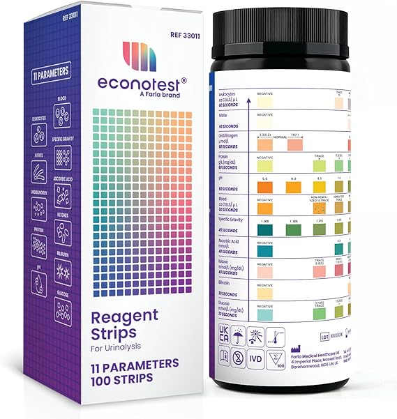 Econotest Reagent 11-in-1 Urine Test Strips 100 Dipsticks, 1-Pack - Test Kit with Leucocytes, Blood, Glucose, Nitrite, Ketones, Protein, Bilirubin, pH, Specific Gravity, Urobilinogen, Ascorbic Acid