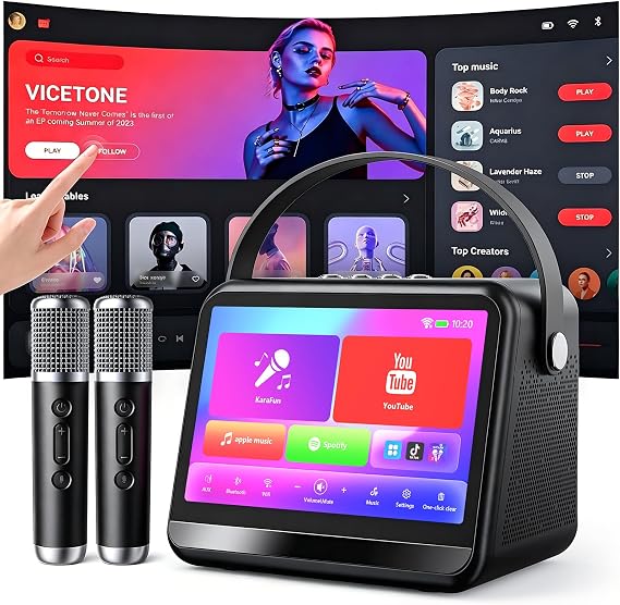 Karaoke Machine with Lyrics Display, Portable Bluetooth Speaker with 7 inch HD Touch Screen, WiFi Karaoke Player with 2 Wireless Mics for Home Party Family Gathering Birthday Gifts Studio Environment