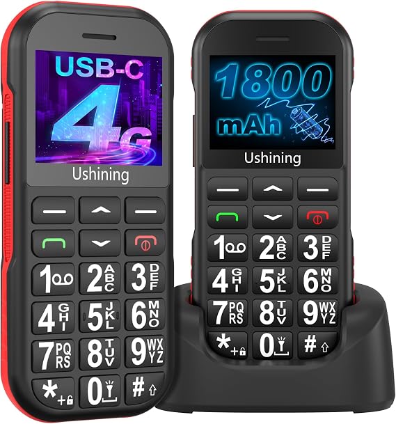 4G Volte Big Button Mobile Phone for Elderly, 1.8 inch LCD Display SIM-Free & Unlocked Mobile Phones 1800mAh Long Standby Easy to Use Basic Mobile Phone with USB-C Charging Dock - Black