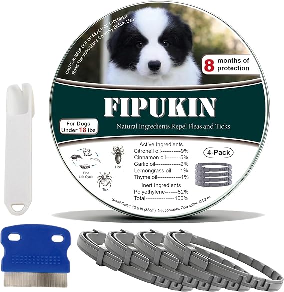 Natural & Safe Flea and Tick Collar for Small Dogs, 4 * 8 Months Protection, Waterproof, 13.8 inch, One Size Fits All, Free Comb and Tick Removal Tool (4-Pack)