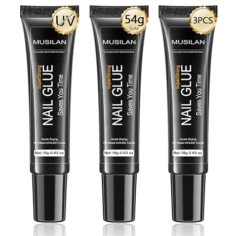 MUSILAN Super Strong 18g Semi Solid Nail Glue,3PCS Upgrade Nail Glue for Press On Nail,No UV Lamp Need Quick Drying & Long-Lasting Semi Solid Gel Fake Tips Adhesion for Beginners DIY Fake Acrylic Nail