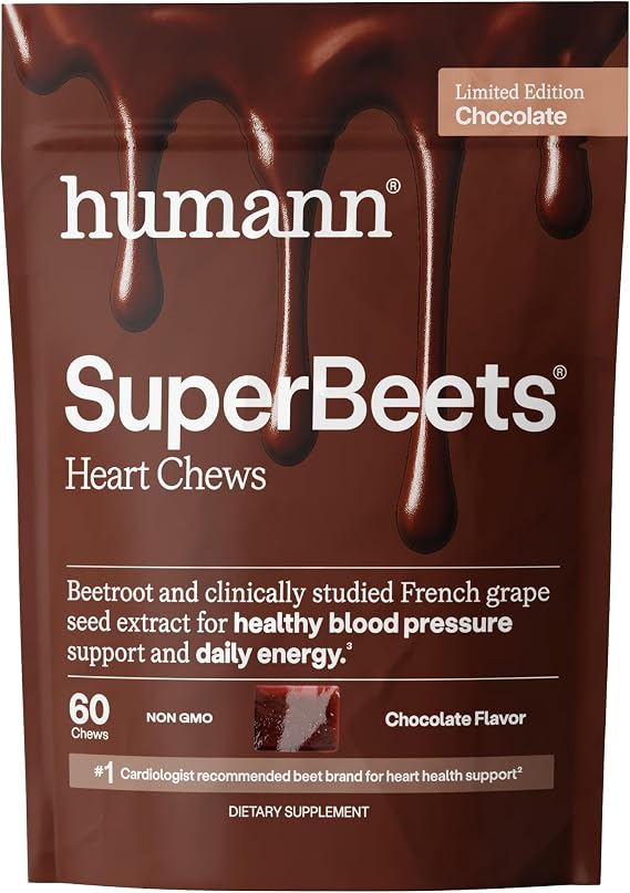 HumanN SuperBeets Heart Chews, Nitric Oxide and Blood Pressure Support, Grape Seed Extract & Non-GMO Beet Root Powder Energy Supplement, Chocolate Flavor, 60 Count