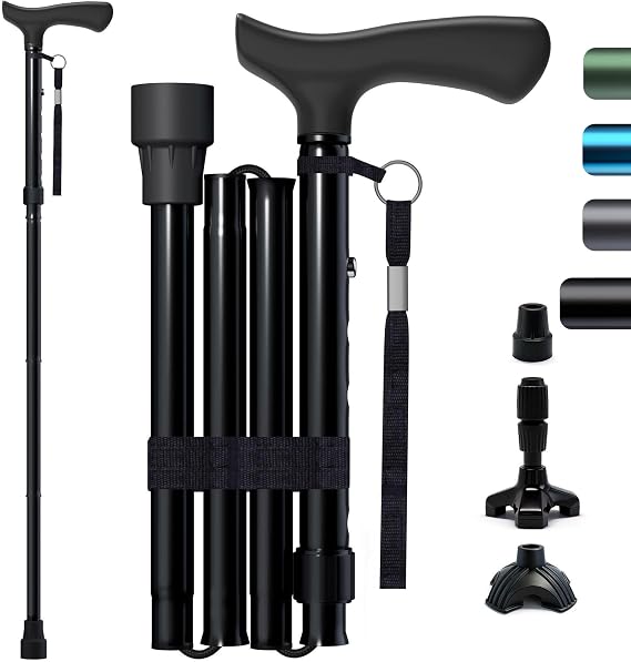 Foldable Walking Cane for Men & Women, Lightweight Aluminum Adjustable Cane with Ergonomic Handle, Non-Slip Rubber Base, Walking Sticks for Seniors Balance,Collapsible Cane for Assistance Travel