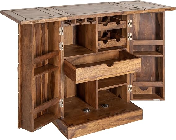 invicta INTERIOR  Mosaico Solid Bar Cabinet 130 cm Sheesham Wood Stone Finish 3D Effect Home Bar Wine Cabinet
