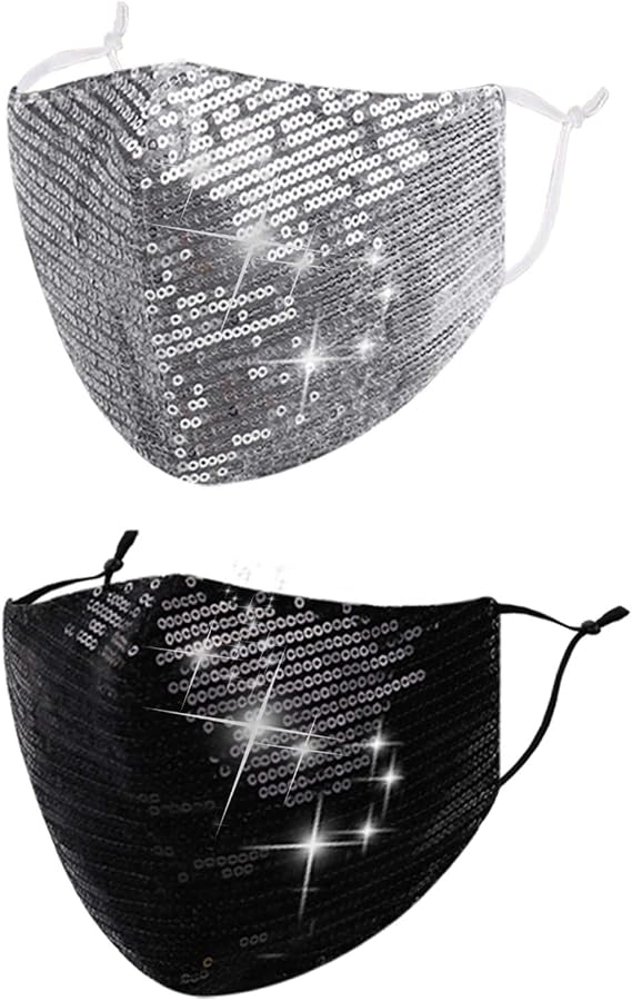 FENELY 2 Pcs Sequin Face Mask with Filter Pocket, Cloth Bling Mask with Adjustable Ear Loops, Masquerade Mask for Women