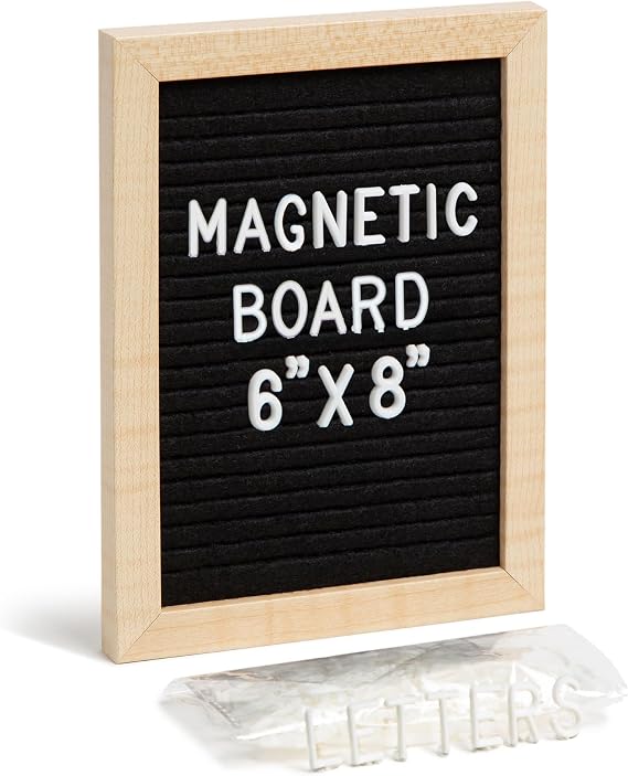 U Brands Small Black Felt Letter Board Sign, Magnetic, 6 x 8 in Wood Frame | A mini message board for a locker door, a fridge or any steel surface: 145 white characters press into ribbed felt.