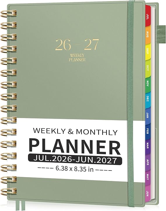 EMSHOI Academic Planner 2026-2027, Weekly and Monthly, A5 (6.3" x 8.3") | July 2026 - June 2027, Colorful Tabs, Flexible Cover, 100 GSM Paper, Calendar, Agenda, for School, Student (Light Green)