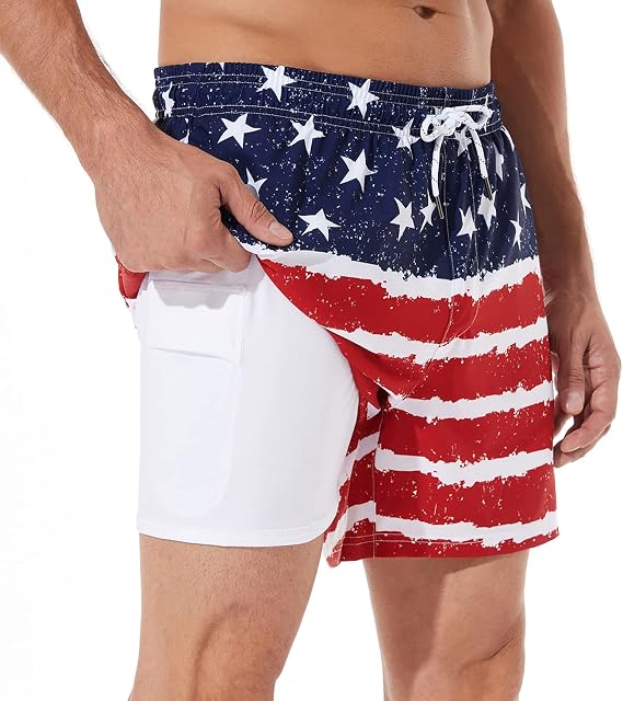 BRISIRA Mens Swim Trunks 5 Inch Compression Liner Beach Swim Shorts Bathing Suit Quick Dry 4-Way Stretch Pockets