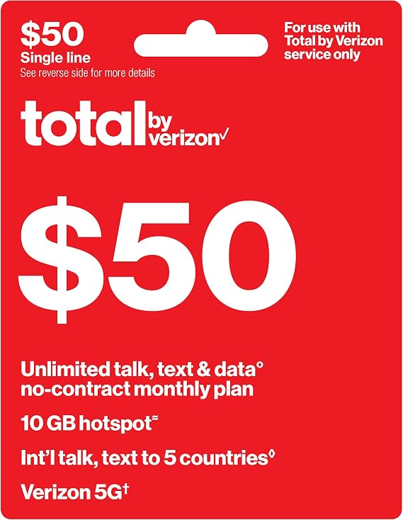 Total by Verizon $50 Unlimited Plan+10GB Hotspot+Int.Call[Physical Delivery]