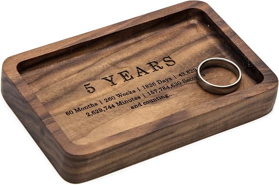 MUUJEE 5 Year Ring Dish - Engraved Rectangle Wood Tray Small Jewelry Dish 5 Year Wedding Anniv Gifts Ideas (Small - 5.5 x 3.5 inches)