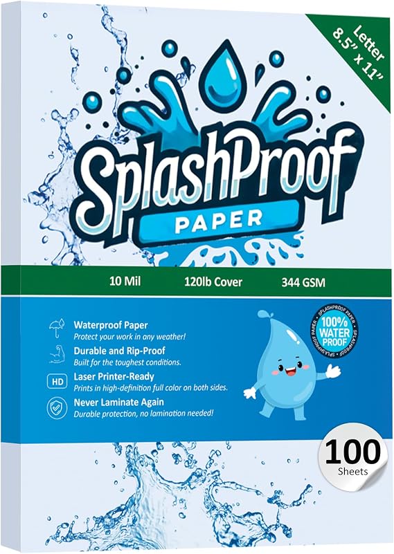 SplashProof Printer Paper - 8.5" x 11", 10 Mil Waterproof Paper, Laser Printer & Copy Machine Compatible (100 Sheets)