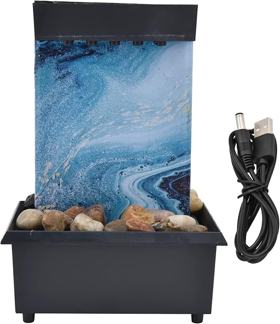 Desk Fountain, 3V USB LED TableTop Fountain Indoor Waterfall Mini Water Fountain Marble Water With Stones for Home Office Table Decoration, 6.5x4.5x3.9in