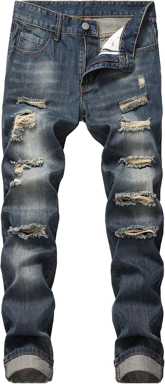 Men's Jeans Slim Fit Stretch Skinny Ripped Jeans for Men Stacked Distressed Straight Pants
