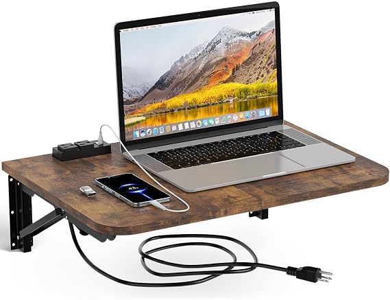 TEAMIX Folding Wall Table for Small Spaces - Rustic Brown, 22 x 15.7inch | Heavy-duty Brackets, Space-saving Design, Use as Home Office Desk, Laundry Shelf, Drop Leaf Table for Kitchen/Bedside/RV
