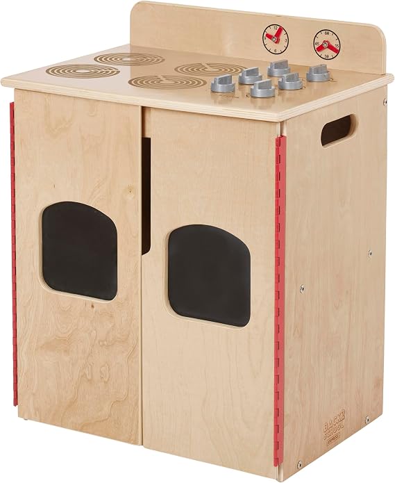 Back2School Express Pretend Play Kitchen Stove for Kids, Natural | Durable birch, GREENGUARD Gold Certified, 30 lb capacity, 2 shelves, handles, magnetic doors, anti-tip kit, classroom/home