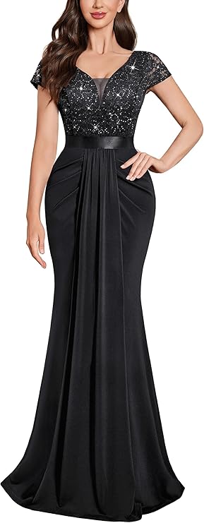 Miusol Women's Deep V-Neck Lace Sequin Pleated Evening Formal Maxi Dress | Mermaid maxi gown, cap sleeves, solid satin waistband, draped side pleats for prom, bridesmaid, wedding guest, cocktail