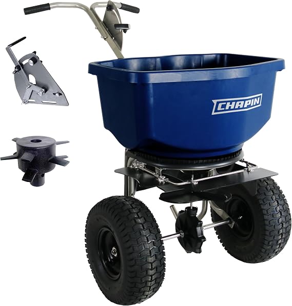CHAPIN USA 82400B Made in the USA 100-pound Professional Rock Salt and Ice Melt Walk Behind Spreader, Baffles, 14" Tires, T Handle, Stainless Steel Frame, Enclosed Gear Box, Blue