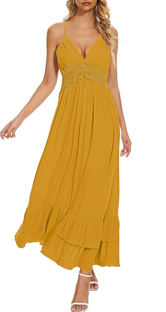 BSXIJIE Women's Summer Sexy Deep V Camisole Dress A Line Waist Up Long Beach Sun Dresses