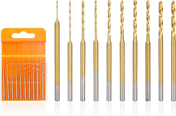 Uolor Mini Twist Drill Bit Set, 10Pcs Micro Engraving Drill Bits, 0.6mm-2.2mm, HSS 2.35mm Shank Titanium Coated Tiny Drill Bit Hole Drilling Tool for DIY Resin, Jewelry, Amber, Circuit Board, Walnut