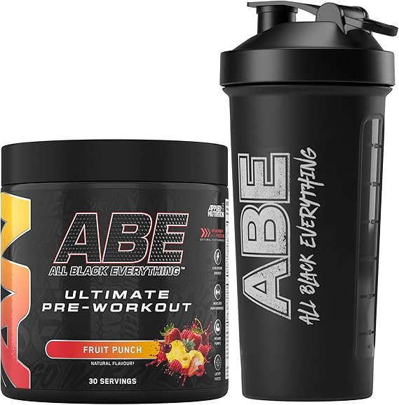Applied Nutrition Bundle ABE Pre Workout 375g + ABE Black Shaker 700ml | All Black Everything Pre Workout Powder, Energy Drink, Physical Performance, Creatine, Beta Alanine, Caffeine (Fruit Punch)