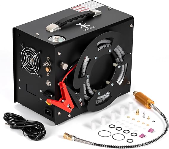 TUXING PCP Air Compressor, 4500PSI/30Mpa Portable PCP Compressor with Built-in Power Converter, Auto-Stop | DC12V/AC120V | Oil & Water-Free Compressor Pump