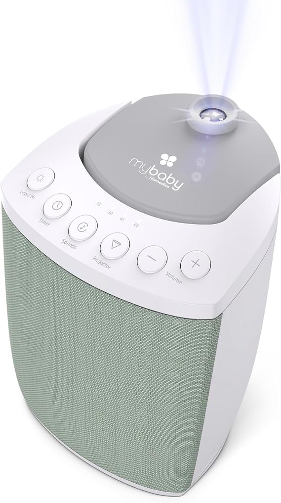 MyBaby Lullaby 2-in-1 Projector & Sound Machine with 8 Soothing Sounds, Adjustable Volume, Rotating Night Light Projector with 3 Calming Images, Auto-Off Timer, by Homedics
