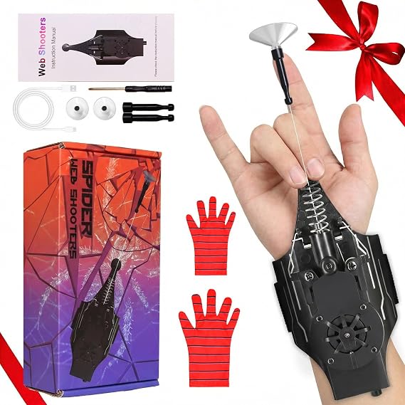 Spider Web Shooter with Gloves, 8 FT Real Web Launcher String Shooters Toy for Kids, Cool Gadget Wrist String Shooter for Superhero Role-Play(Black)