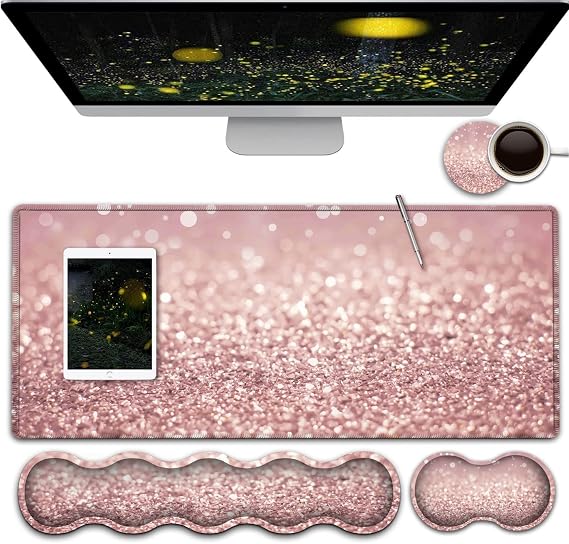 Pink Gaming Mouse Pad,Large Mouse Pad with Stitched Edge,Non-Slip Base Office Desk Pad Ergonomic Keyboard Wrist Rest Set,Waterproof Writing Pad,Pink Glitter Pattern Extended XXL Desk Mat