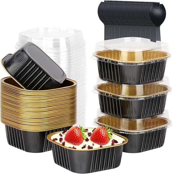 LNYZQUS 5oz Mini Cake Pans with Lids and Spoons, Disposable Brownie Tins | 40 Pack, Aluminum Foil, Square Cupcake Baking Cups, Individual Dessert Containers for Kids Party, Black