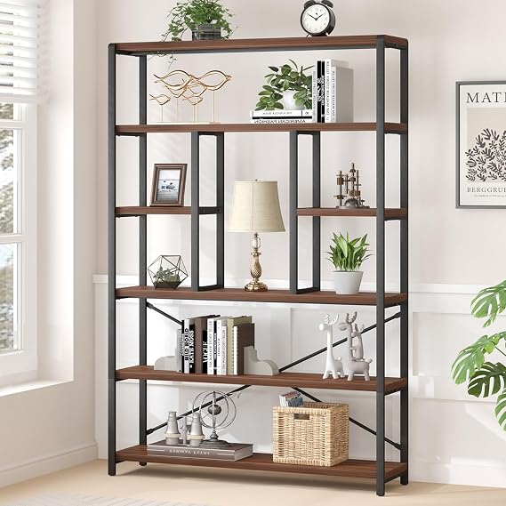 LVB 6 Tier Industrial Bookshelf for Bedroom Living Room Office, Walnut | Modern Wood and Metal Tall Bookshelf, Farmhouse Large Wide 6 Shelf Etagere Bookcase, Vertical Display book shelves