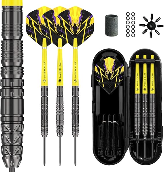 Professional 90% Tungsten Steel Tip Darts Set – Steel Tip Dart, Dart Set, 3 Pro Grip Shafts with Dart Sharpener, Rubber Rings, Flight Protector and Dart Case