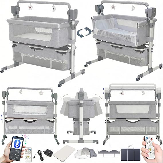 Electric Bluetooth Smart Next to Me Crib, Multi-functional Baby Bedside Crib, Height Adjustable Bedside Cribs Baby Bassinet (601 Mid Grey)