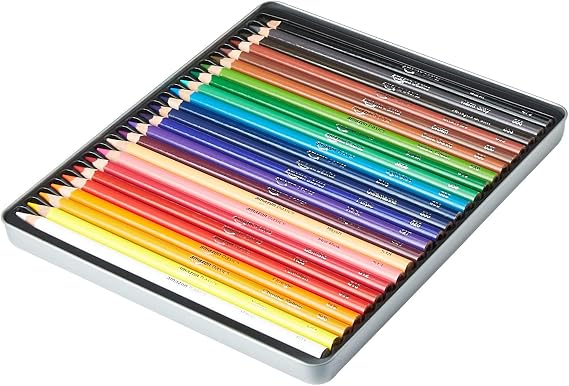 Amazon Basics Coloured Pencils in Tin Box, 24 Count, Assorted Colours
