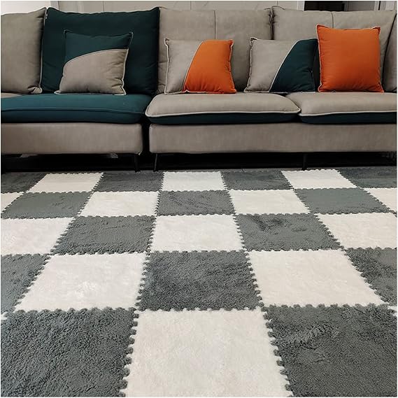 10 Pieces Interlocking Carpet Tiles, Plush Foam Square Floor Mats Set, 12x12inch Interlocking Fluffy Plush Puzzle Playmat With Border, 10 Tiles/10 Sq.Ft(Color:Grey White)