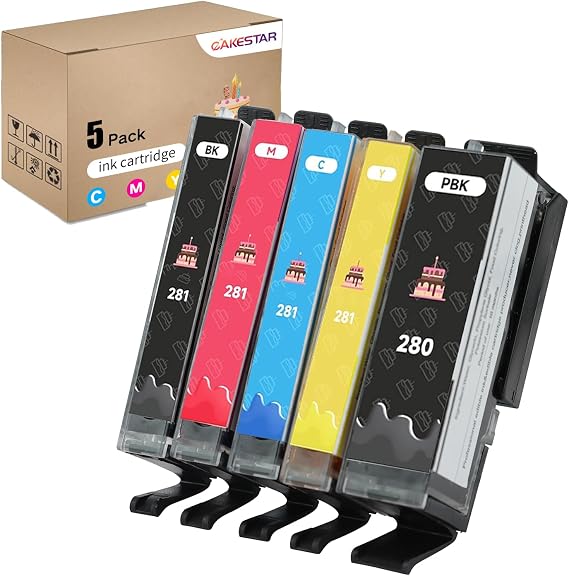 CAKESTAR PGI-280XXL/CLI-281 Ink Cartridges, Work for PIXMA TS6120 TS6220 TS6320 TS8120 TS8220 TS8320 TR7520 TR8520 TR8620 TS9120 TS9520 TS9521C TS702 (5 Color Pack)