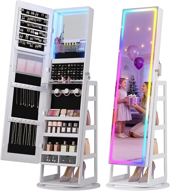 Dystler RGB Jewelry Cabinet with Full Length Mirror, 360 Rotating Lockable | 12-Zone Velvet Floor Standing Jewelry Organizer | 108 Earring Slots, 24 Necklace Hooks, RGB+LED, Remote Control, Ideal Gift