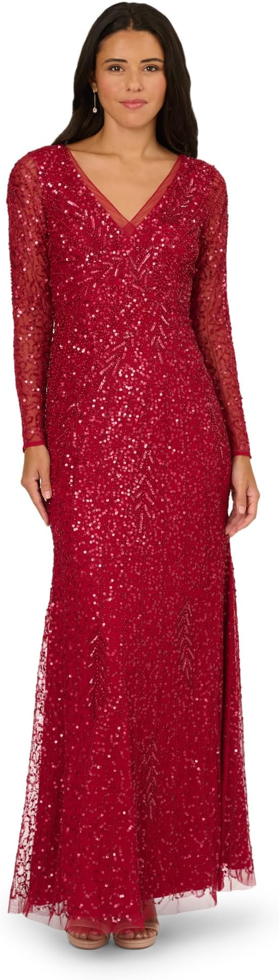 Adrianna Papell Women's Long Sleeve Bead Long Dress