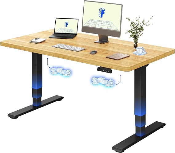 FLEXISPOT E5 Electric Standing Desk 2 Motors 3 Stage 140 * 80CM One Piece Desktop Height Adjustable Desk with Memory Smart Panel, Anti-collision System, Black+Maple