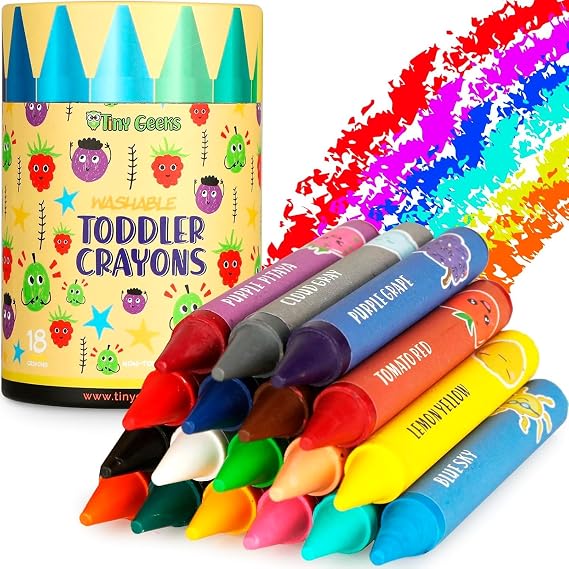 TinyGeeks 18 Colors Jumbo Crayons - Non-Toxic & Washable Crayons for Toddlers Ages 1-3 & Kids Ages 4-8 - Easy-to-Hold - Large - Great for Travel with Toddlers 2-4 Years
