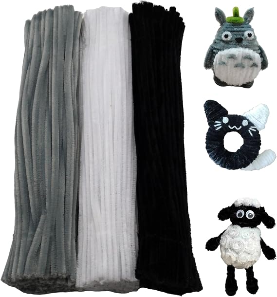 Swpohrat 300 Pieces Pipe Cleaner Craft Set 3 Assorted Colors,Thick Fuzzy Chenille Stem Pipe Cleaners for DIY Craft Flower Projects Holiday Decorations(Balck,White,Grey)
