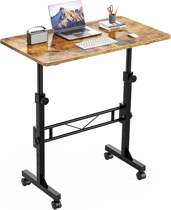 HOMIDEC Standing Desk, 32 Inch Portable Small Desk Adjustable Height, Rolling Home Office Desks with Wheels, Sit Stand Desk for Bedroom Walking Pad Home Office Small Space, Rustic
