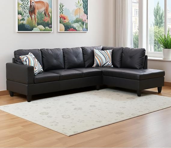 Leather Sectional Sofa Couch,L-Shape Sofa Sectional Couch Set with Chaise for Living Room/Apartment/Office(Black,Facing Right Chaise)