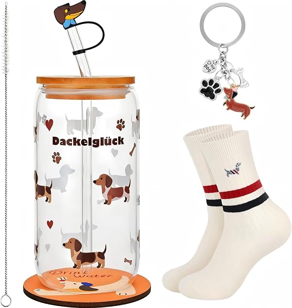 Dachshund Mug Gift Set 500 ml Dachshund Glasses with Lid and Straw Dog Motif Drinking Glasses with Wooden Lid and Straw for All Types of Drinks Coffee
