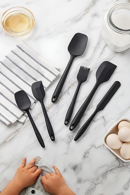 Deconox Silicone Kitchen Helper, 6pcs Silicone Spatula, Soup Spoon, Oven Brush, Spatula, Heat Resistant and Nonstick, Stainless Steel and Seamless One Piece Design Black-Grey-Red (BLACK)