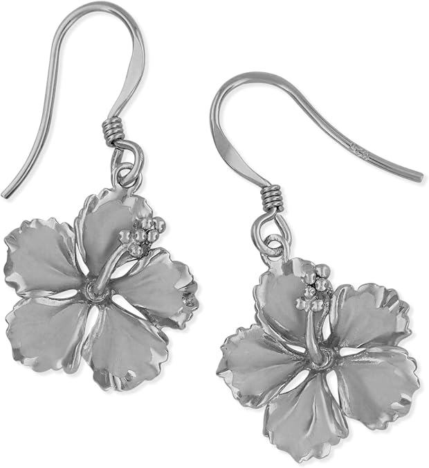 Sterling Silver 5/8 Inch Hibiscus Dangle Earrings